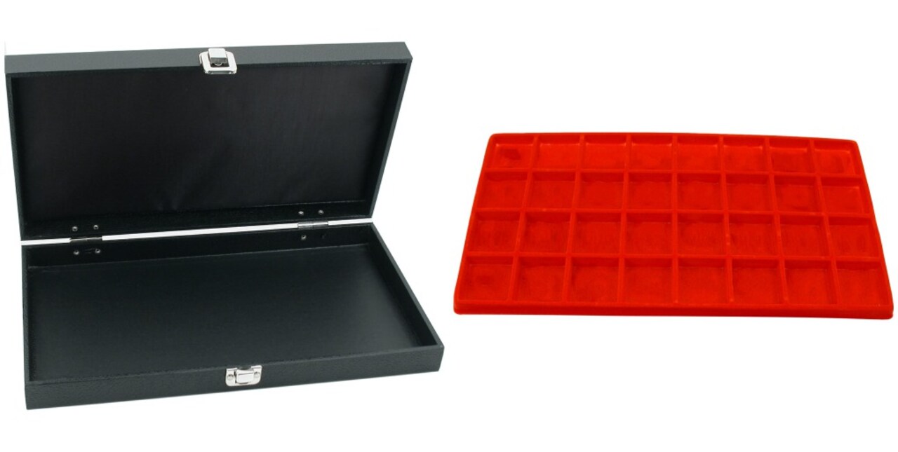 Black Jewelry Display Case (Single metal clasp) w/ Red 32-slot Plastic Tray